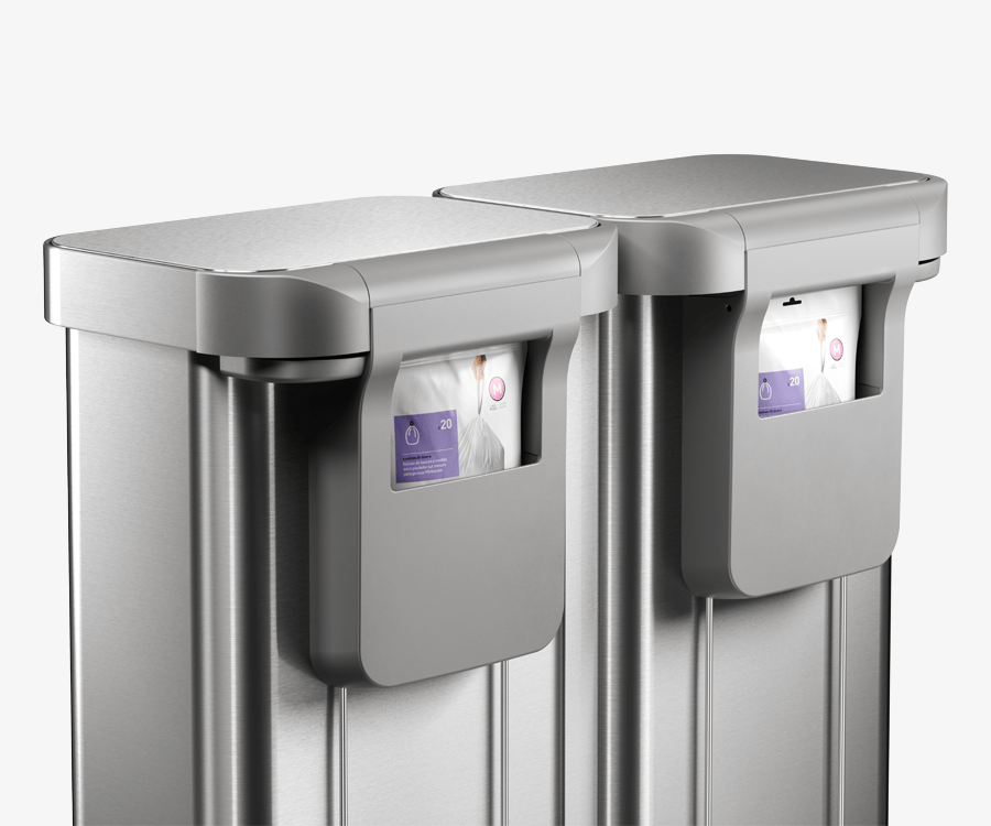 This image showcases the Simplehuman 90L Step Can in Brushed and it's ability to store the Code M Custom Fit Liners in the back storage pocket.