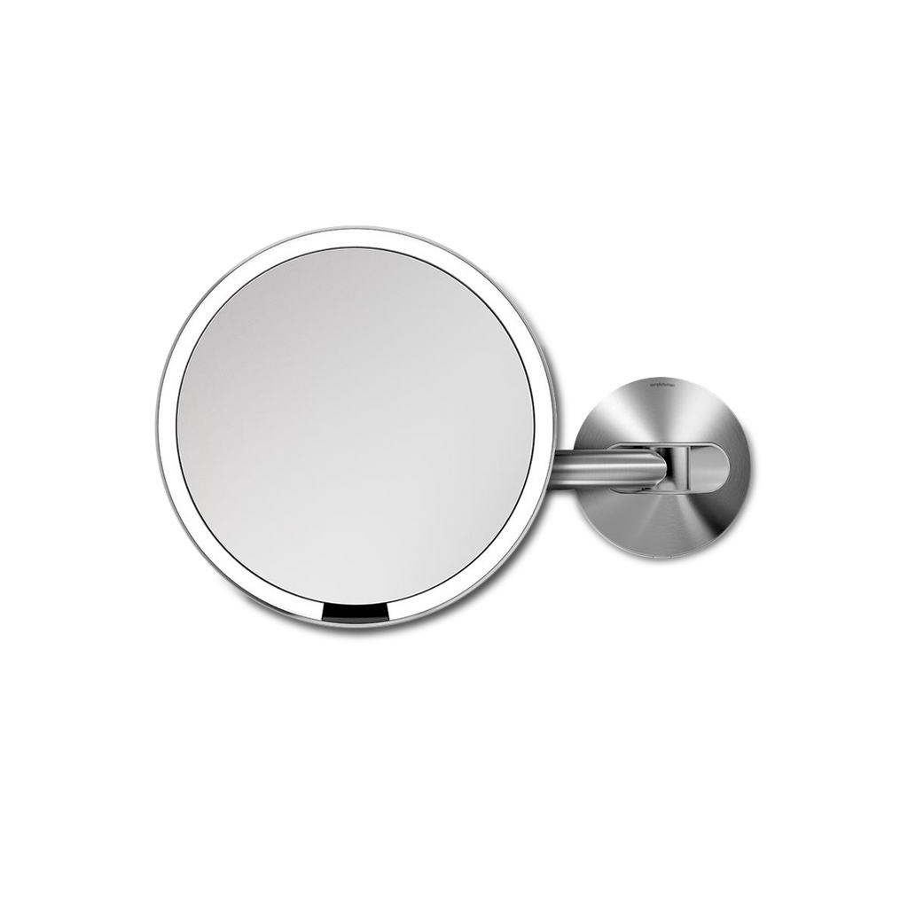Simplehuman Hard-Wired Sensor Mirror, Brushed Stainless Steel, adjustable wall mount arm, and touch-free operation.