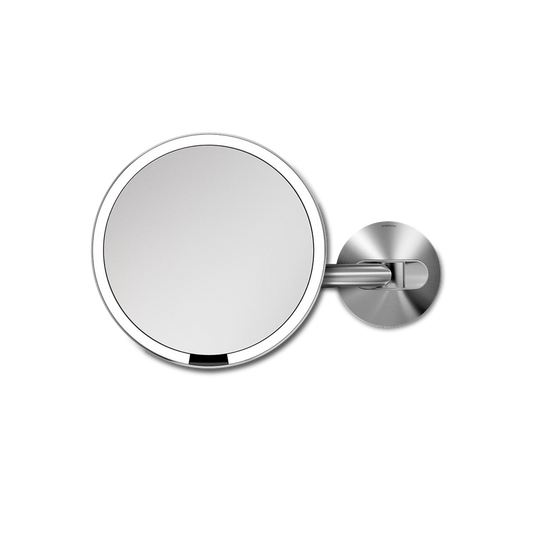 Simplehuman Hard-Wired Sensor Mirror, Brushed Stainless Steel, adjustable wall mount arm, and touch-free operation.