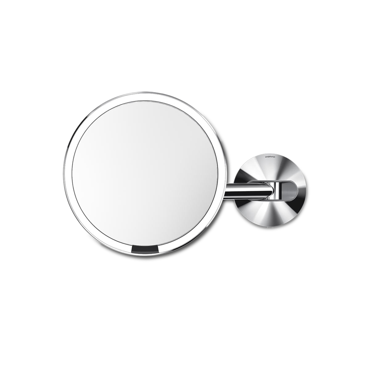 Front view of Simplehuman Hard-Wired Sensor Mirror, Brushed Stainless Steel, touch-free light, adjustable wall mount.