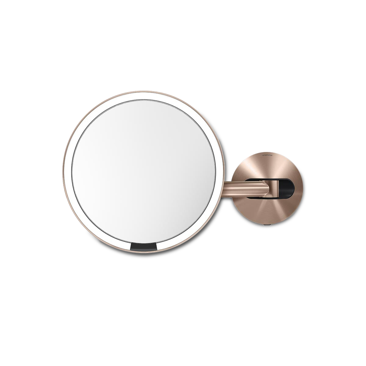 Front view of Simplehuman Hard-Wired Wall Mount Sensor Mirror in Rose Gold, adjustable arm, touch-free sensor light.