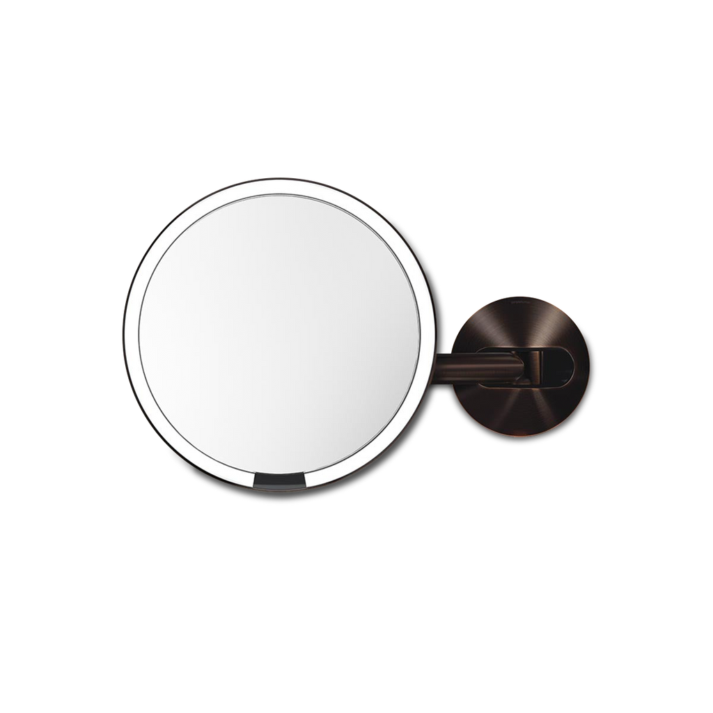 Front view of Simplehuman Hard-Wired Sensor Mirror in Dark Bronze, adjustable arm, touch-free sensor light.