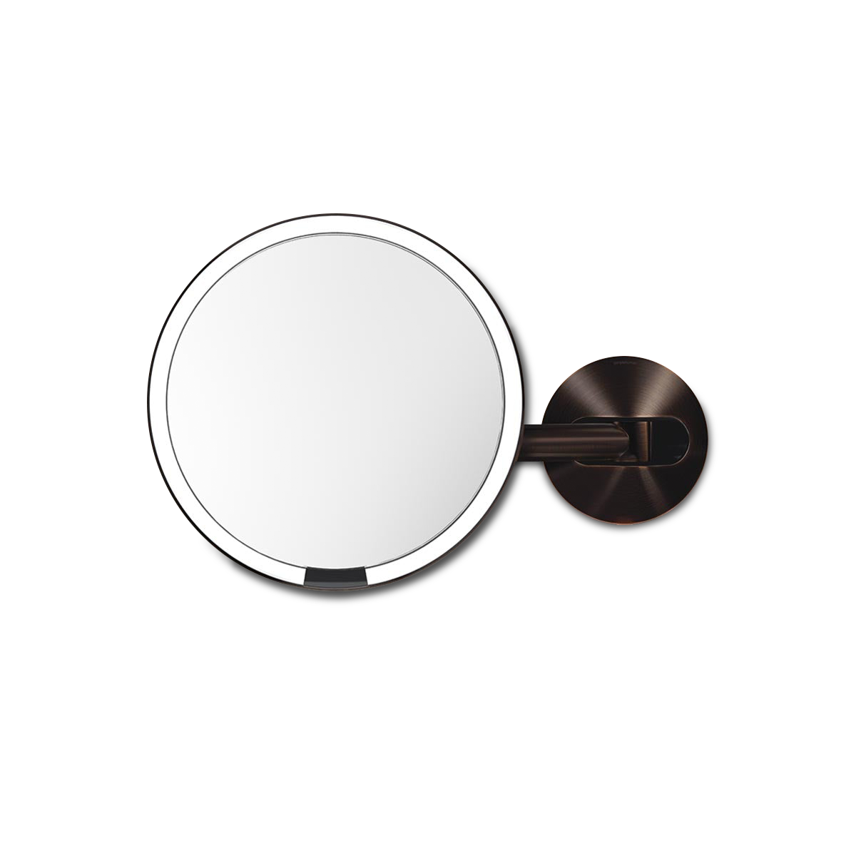 Front view of Simplehuman Hard-Wired Sensor Mirror in Dark Bronze, adjustable arm, touch-free sensor light.