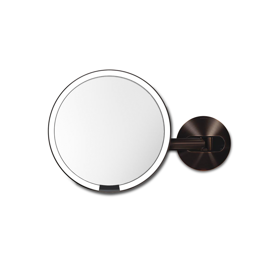 Front view of Simplehuman Hard-Wired Sensor Mirror in Dark Bronze, adjustable arm, touch-free sensor light.