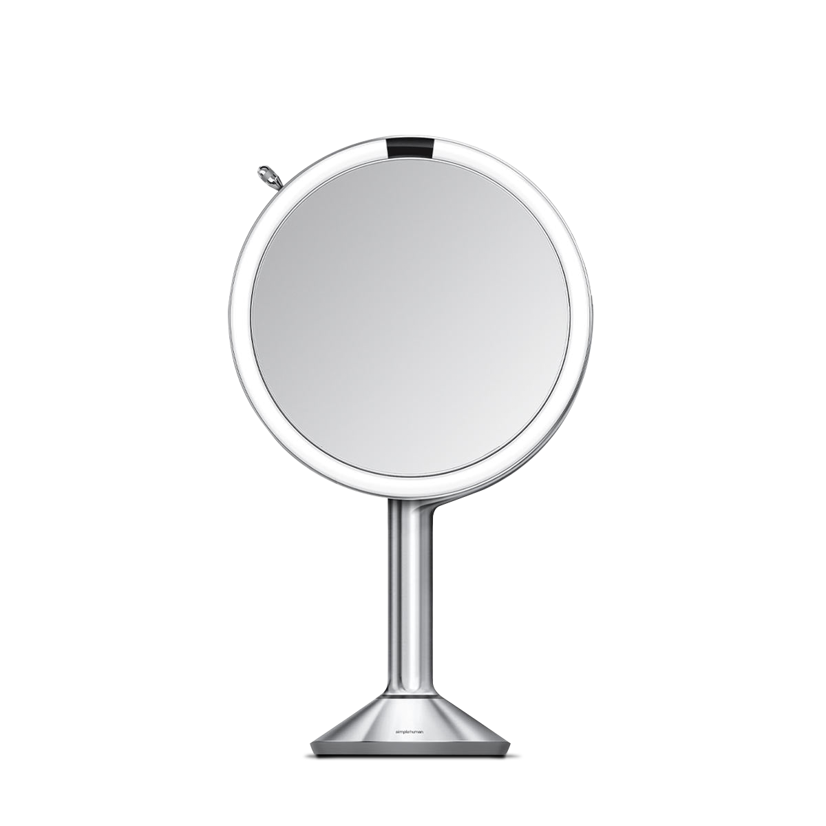 Studio view of Simplehuman Sensor Mirror Trio in Polished Stainless Steel, touch-free and illuminated with multiple magnifications.