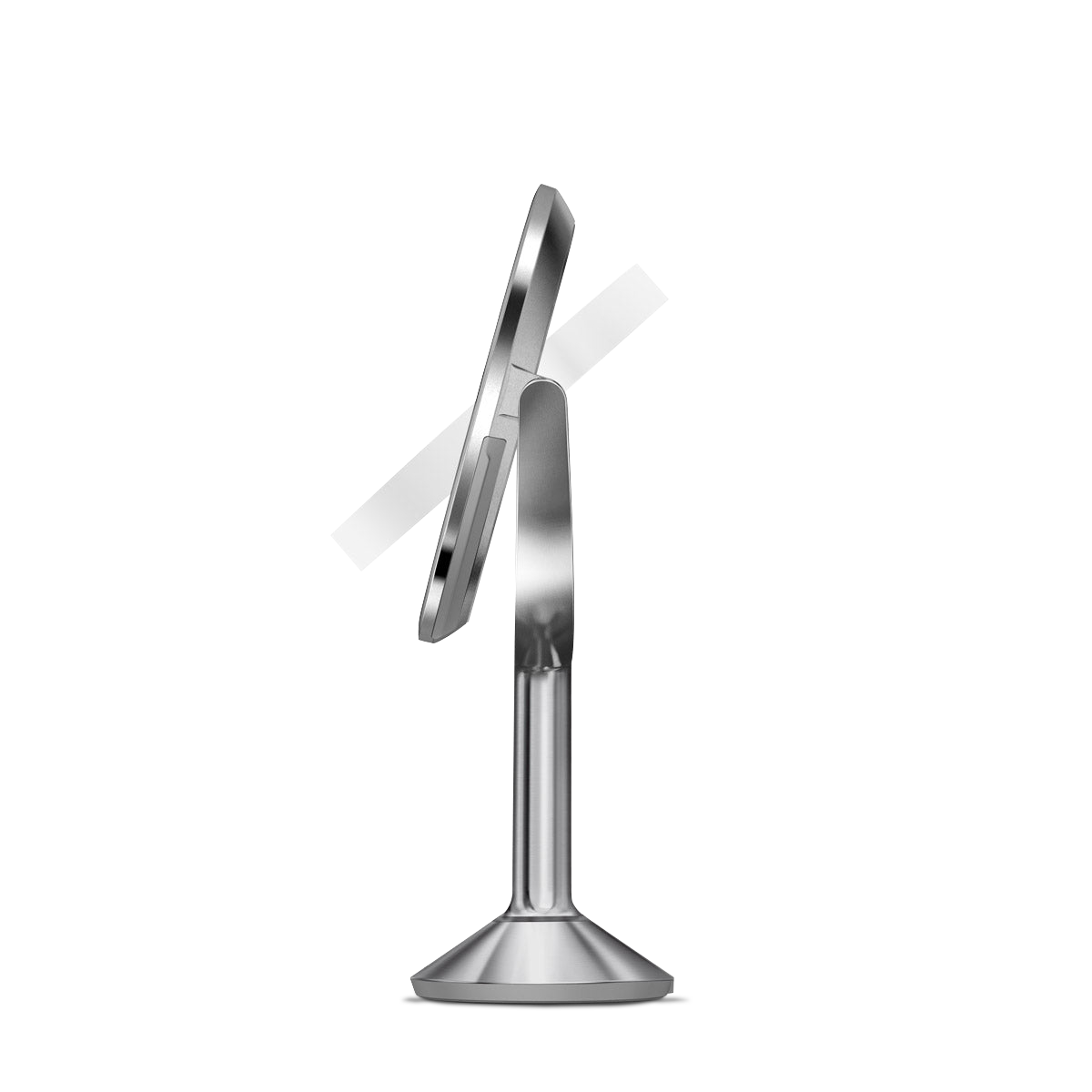 Side view of Simplehuman Sensor Mirror Trio in Polished Stainless Steel, highlighting the adjustable tilt function.