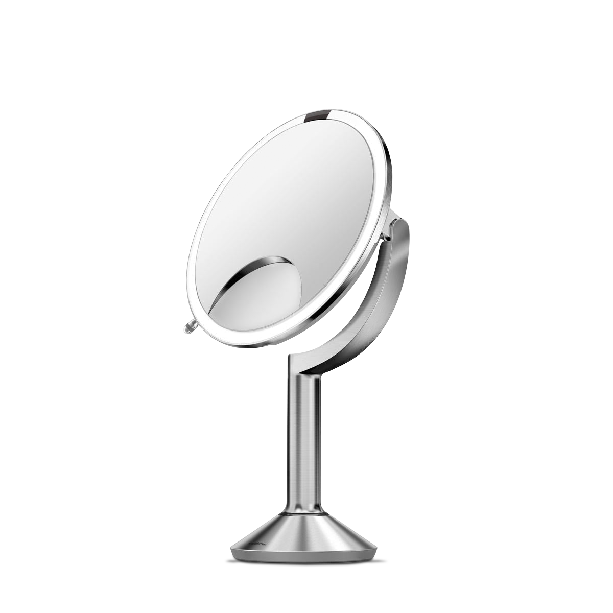 Angled view of Simplehuman Sensor Mirror Trio in Polished Stainless Steel, touch-free sensor mirror with three magnification options.