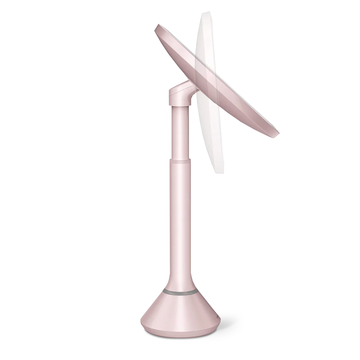 Adjustable height view, Simplehuman Rose Gold Sensor Mirror Round with pivoting tilt feature.