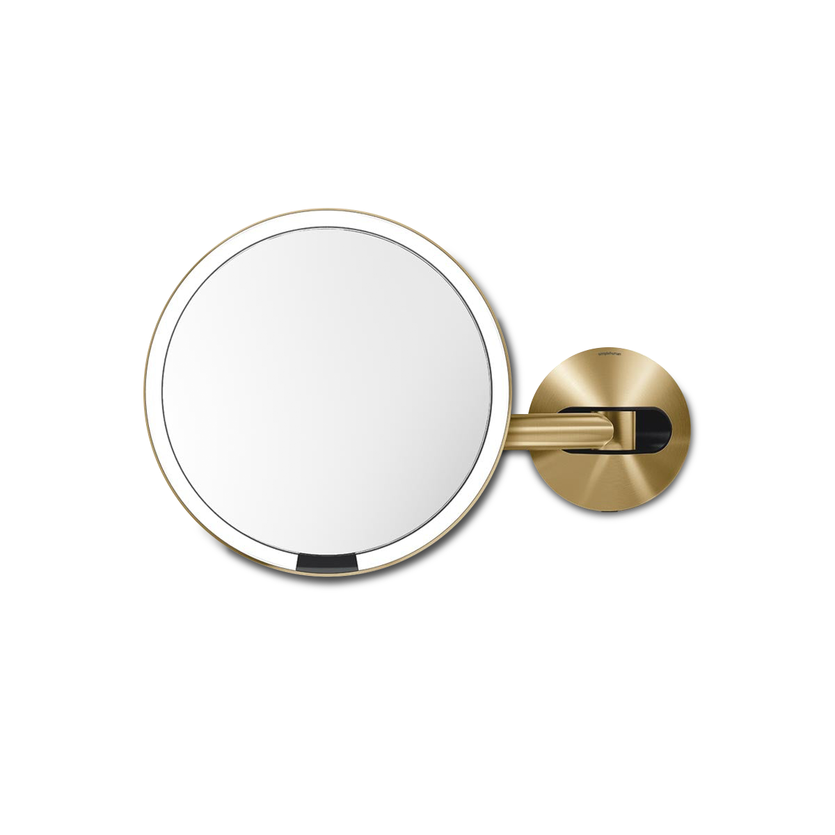 Front view of Simplehuman Hard-Wired Sensor Mirror in Brass, adjustable arm, touch-free sensor light