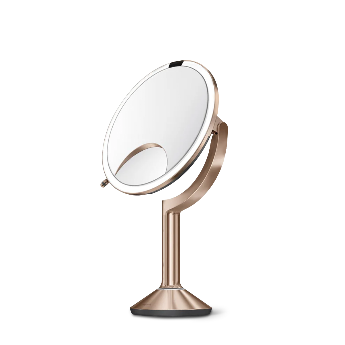 Profile studio view of Simplehuman Sensor Mirror Trio in Rose Gold, touch-free sensor mirror with adjustable tilt.