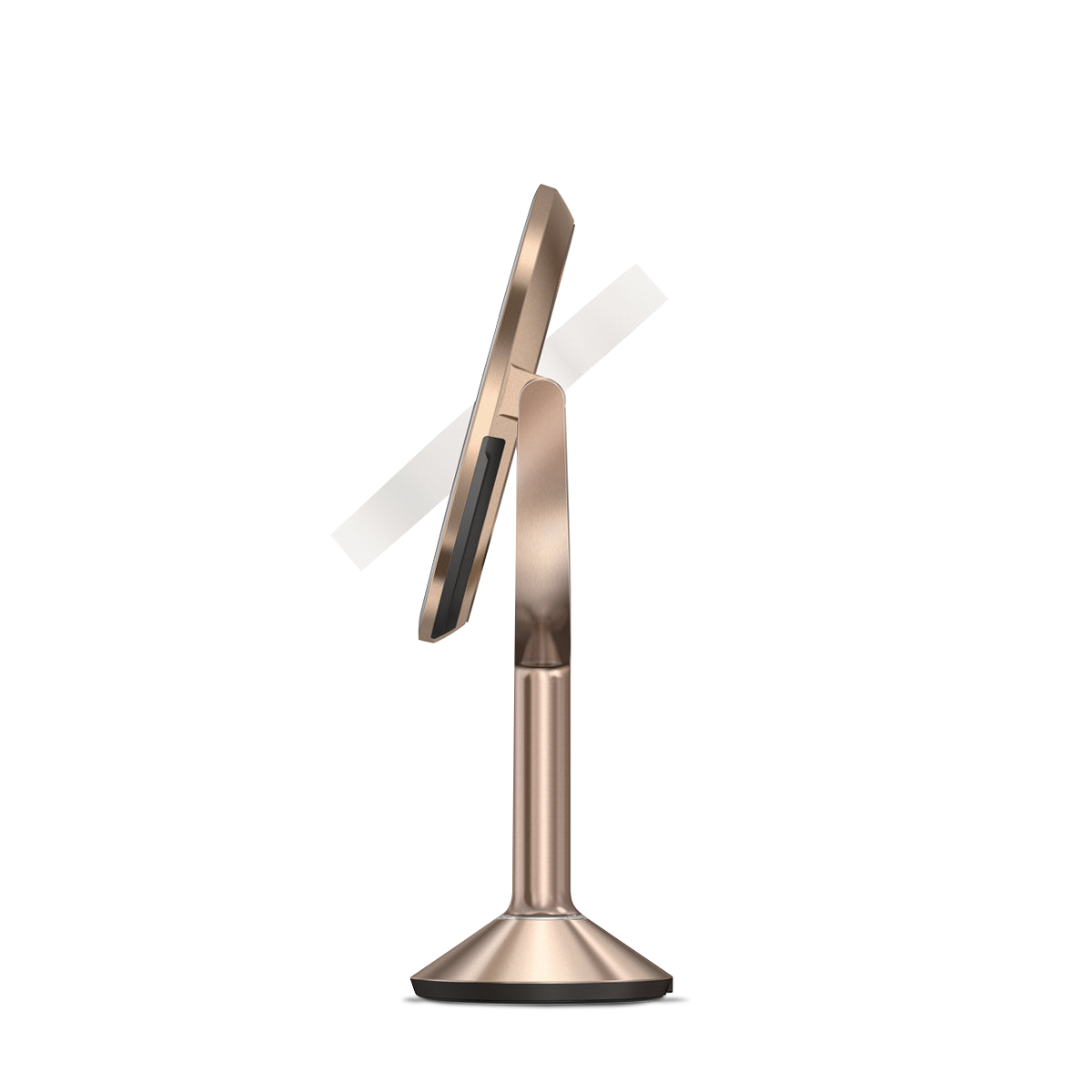 Simplehuman Sensor Mirror Trio in Rose Gold, side view showing the adjustable tilt feature for customized use.