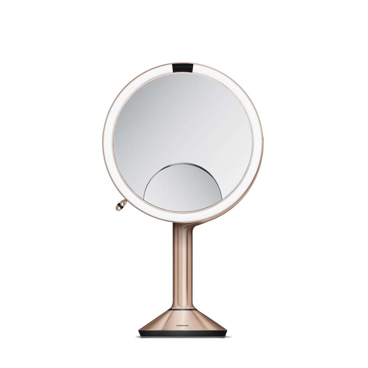 Simplehuman Sensor Mirror Trio in Rose Gold, touch-free illuminated mirror with 5x inset magnification.