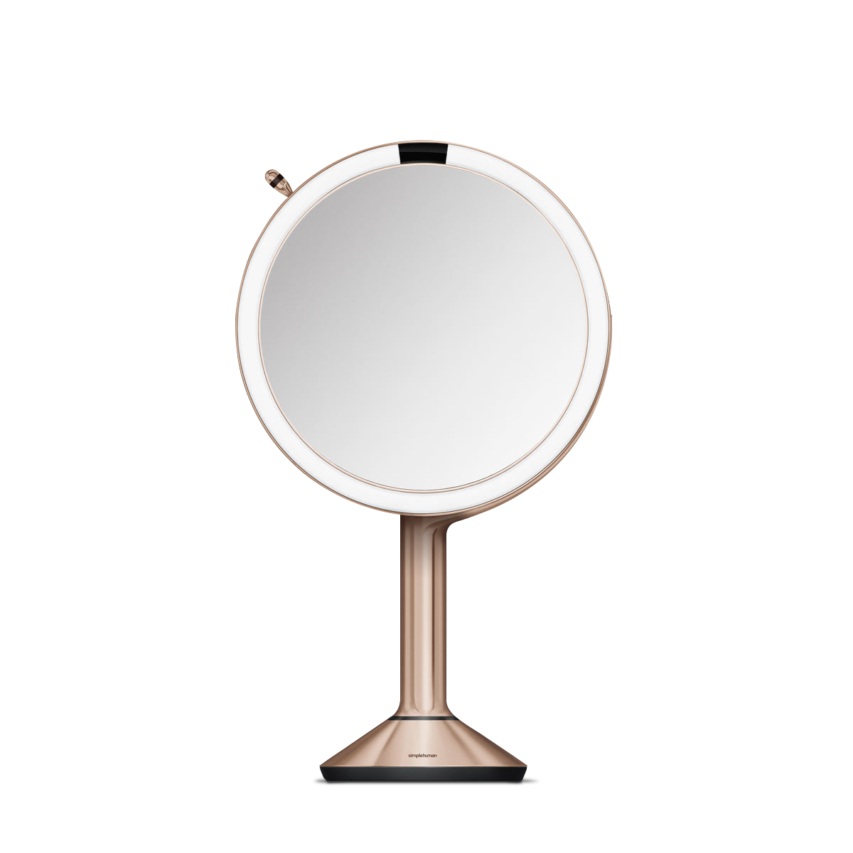 Front studio view of Simplehuman Sensor Mirror Trio in Rose Gold, touch-free sensor mirror with adjustable tilt.