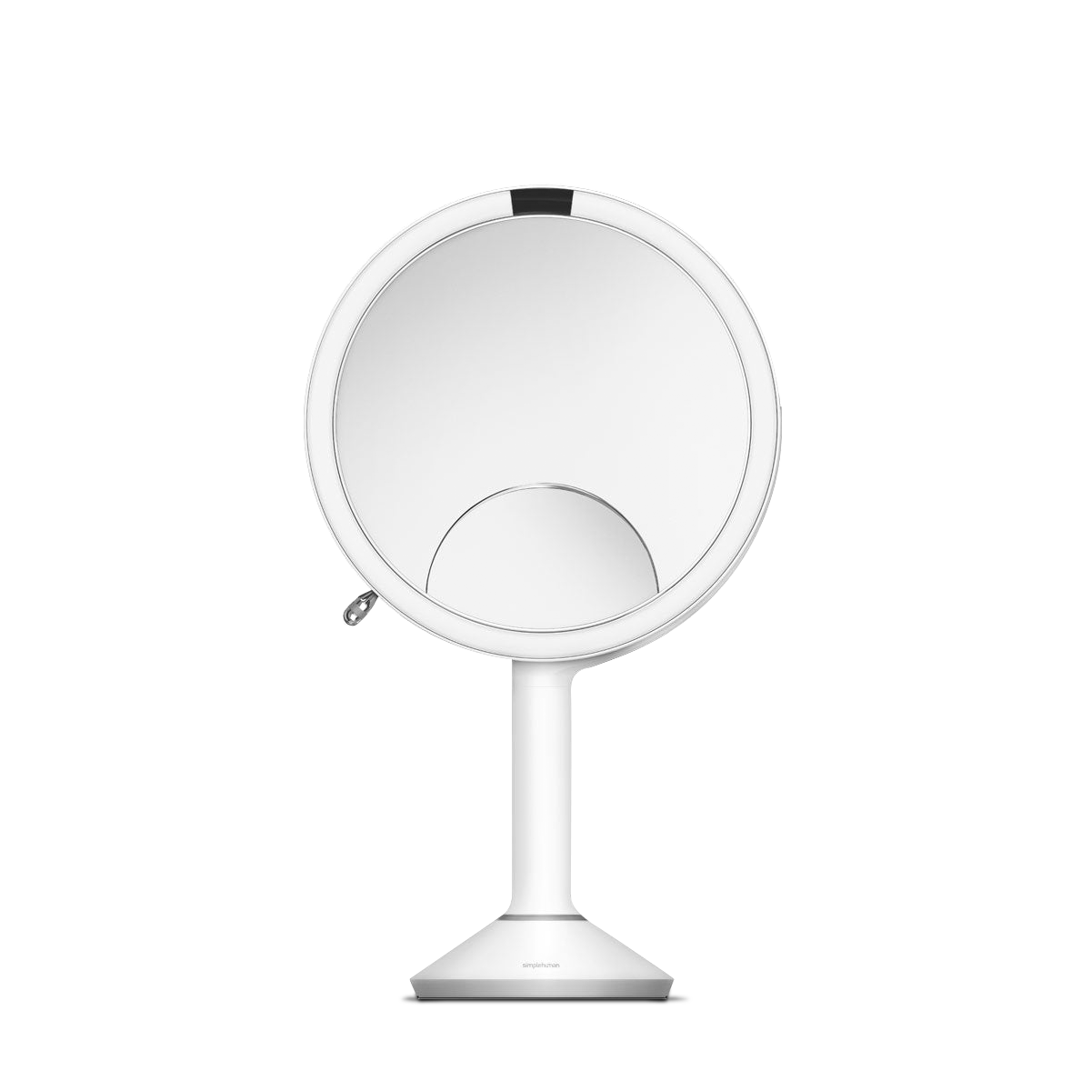Simplehuman Sensor Mirror Trio in Polished Stainless Steel, front view showing the 1x, 5x, and 10x magnification options.