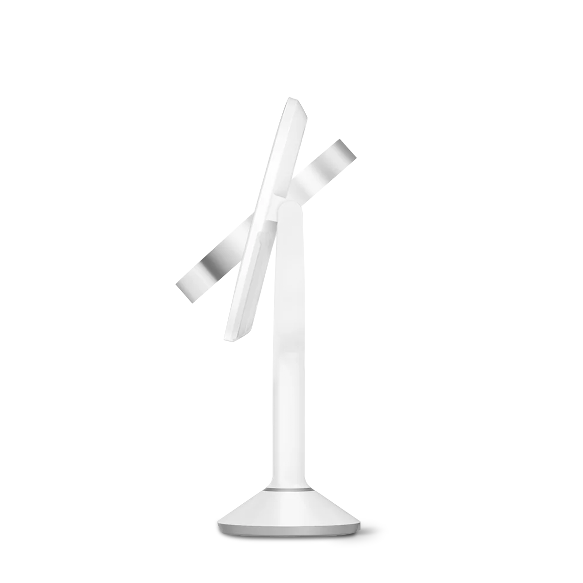 Profile view of Simplehuman Sensor Mirror Trio in White, showcasing the adjustable tilt for customized viewing angles.