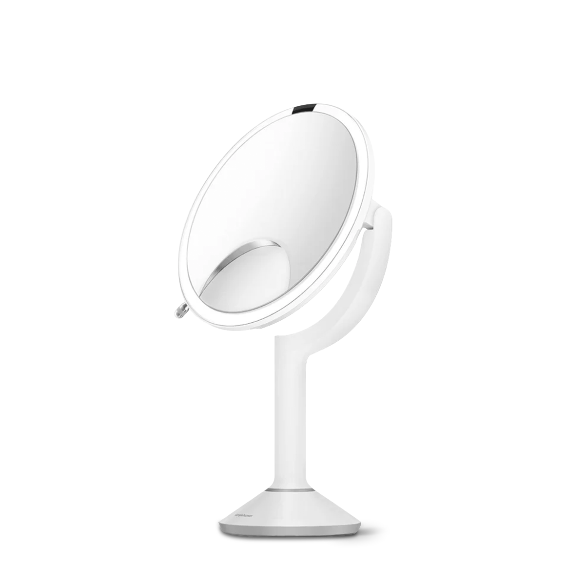 Angled profile view of Simplehuman Sensor Mirror Trio in White, touch-free illuminated mirror with adjustable tilt.