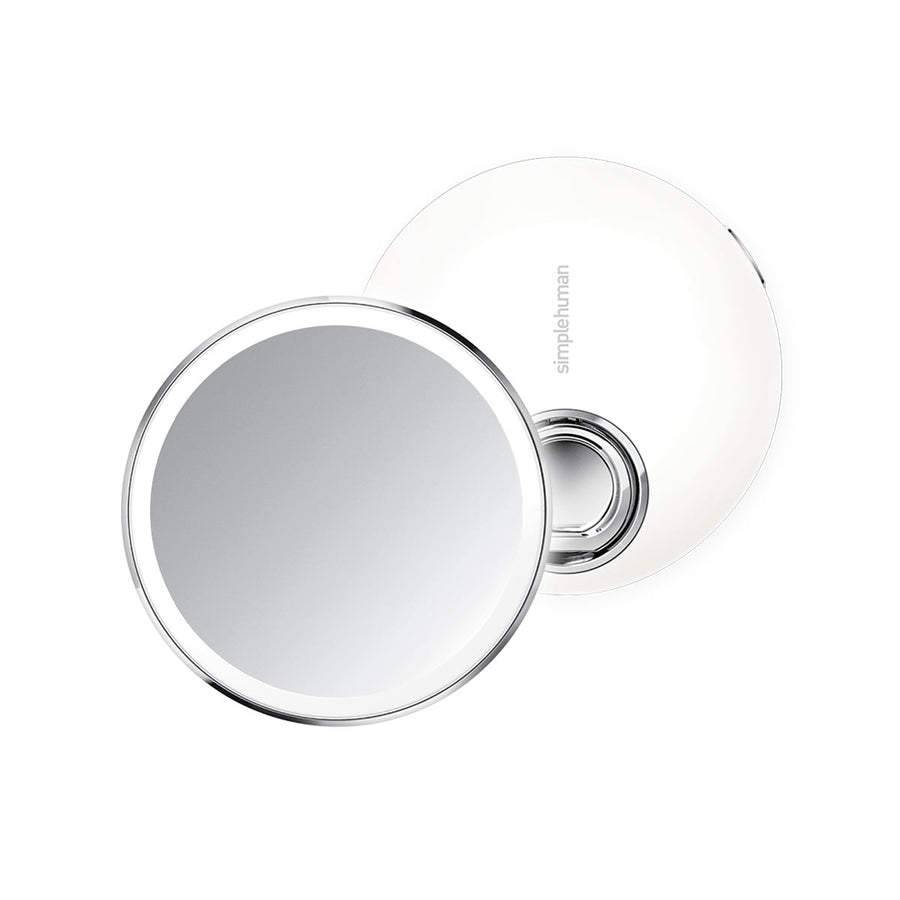 Simplehuman Sensor Mirror Compact 3x in White, illuminated and open view showing the ring kickstand, portable.