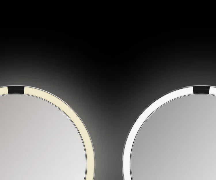 Simplehuman's Sensor Mirror Trio Max. This image shows two mirrors with 2 different lighting options that this mirror provides.