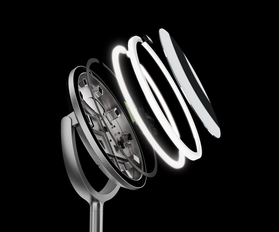 Simplehuman's Sensor Mirror Trio Max shown in broken up layers.