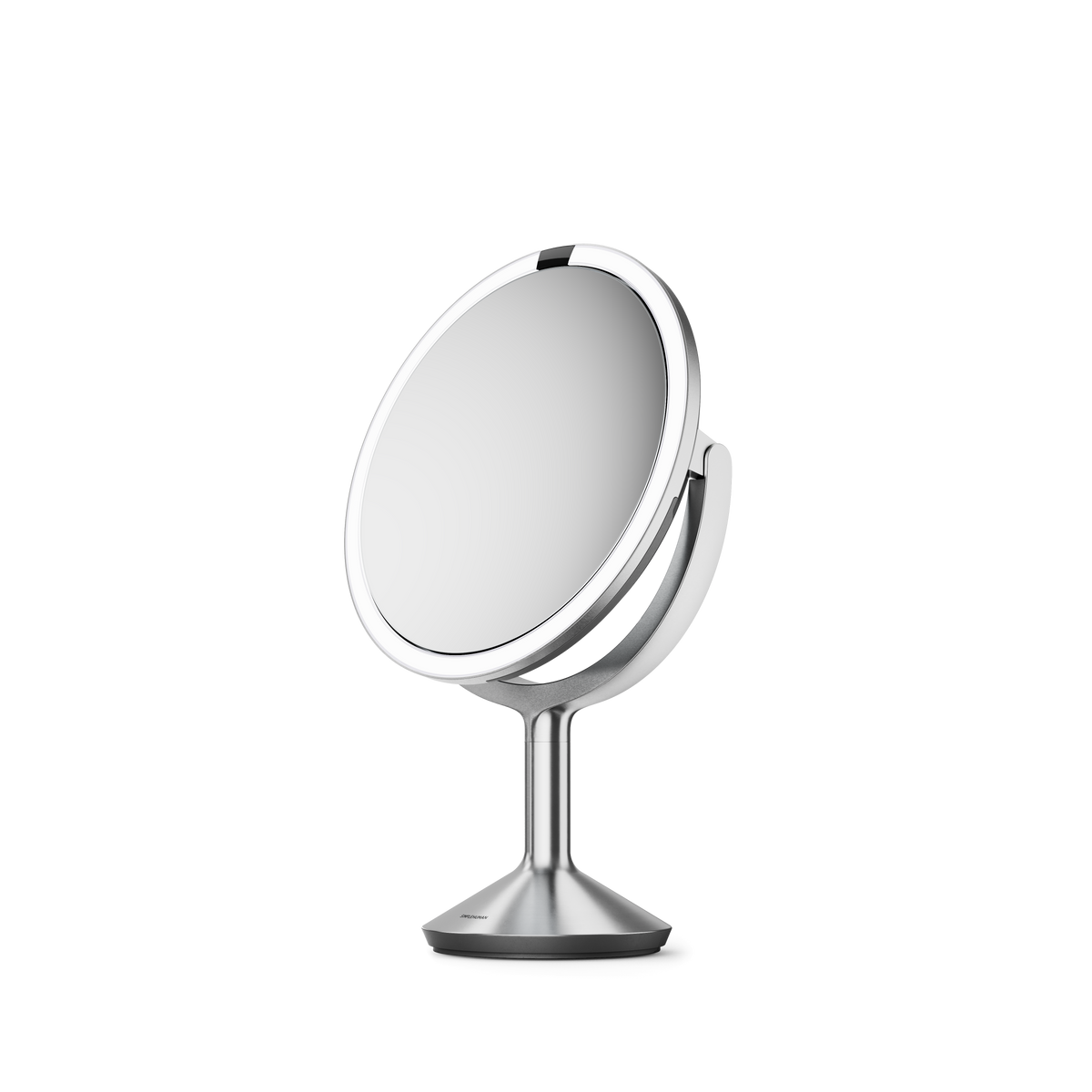 Simplehuman's Sensor Mirror Trio Max in Brushed, Angled View of the 5x zoom side.