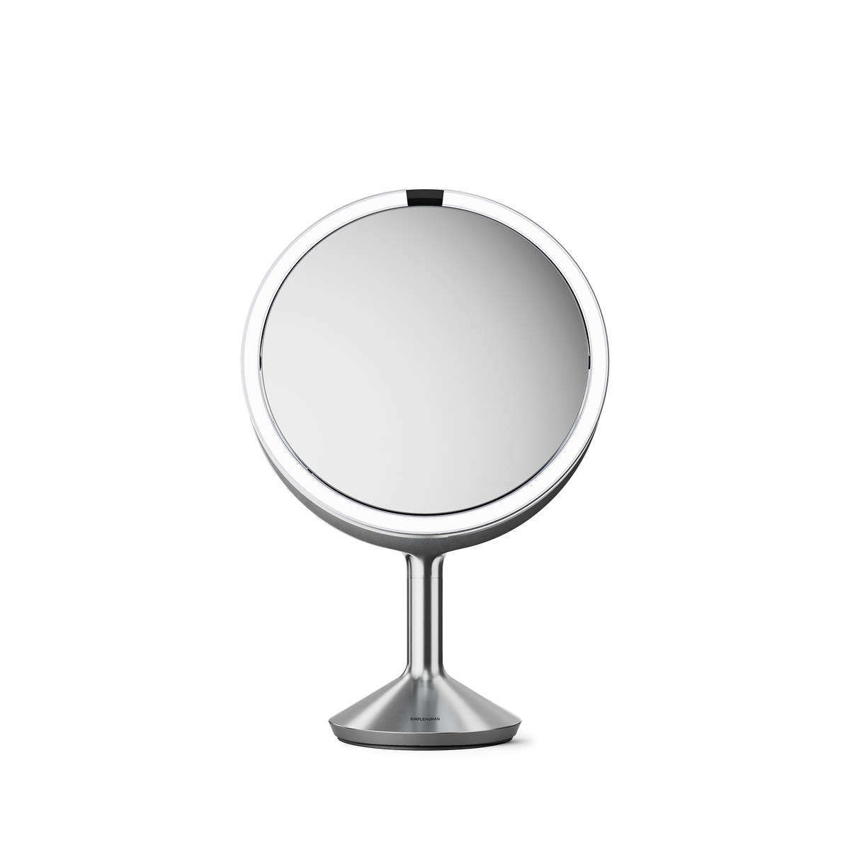 Simplehuman's Sensor Mirror Trio Max in Brushed, Front Facing view of 5x view side.