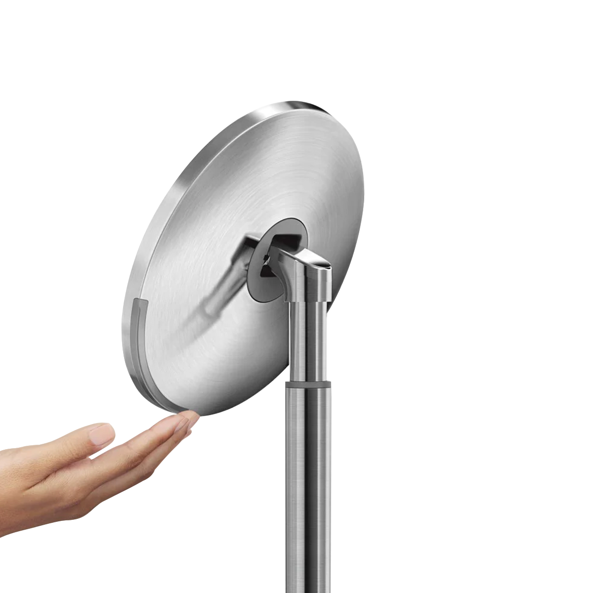 Detail view of Simplehuman Sensor Mirror adjustable pivot and hand using the touch-control brightness feature.