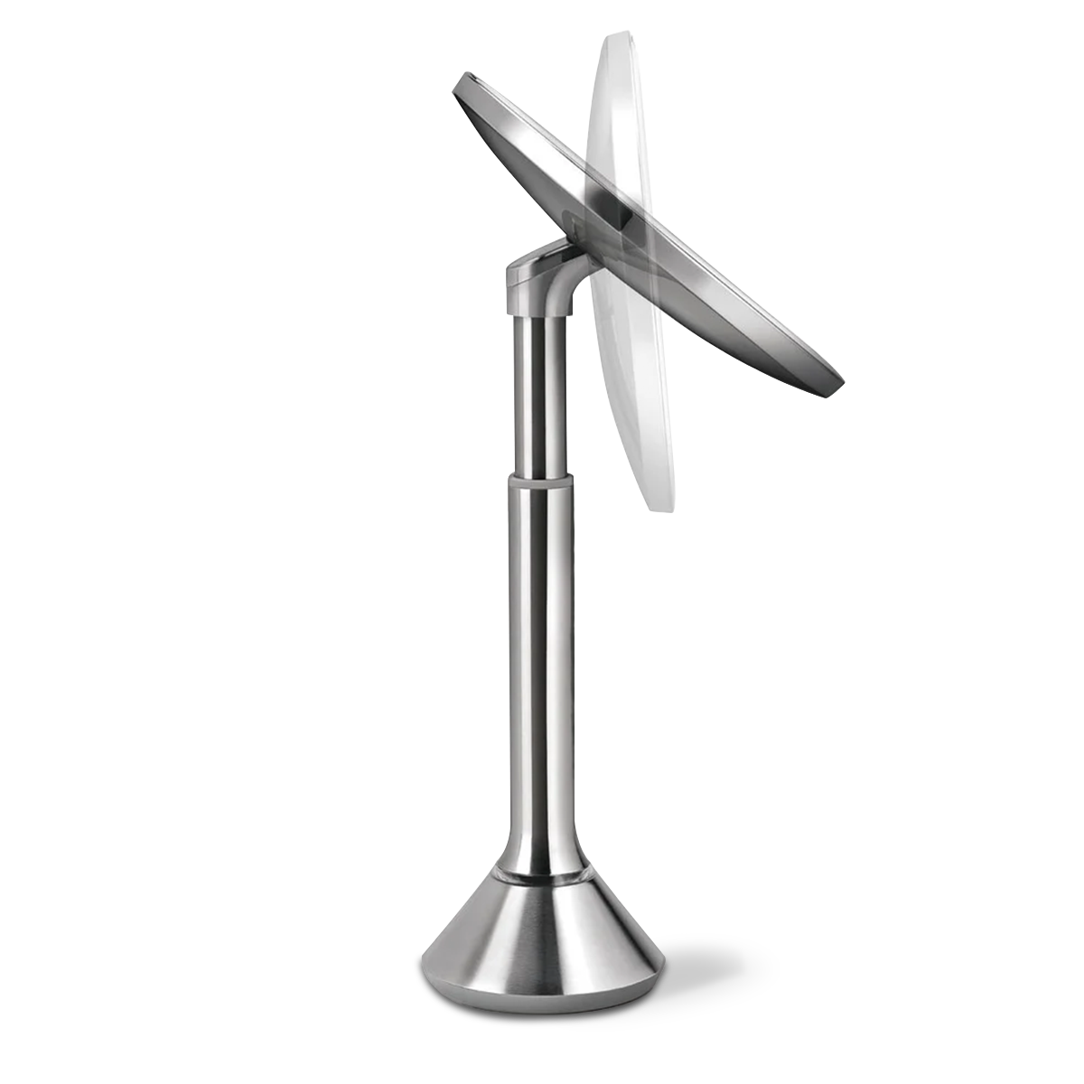 Simplehuman Sensor Mirror Round, Brushed Stainless Steel. Side view showing the adjustable pivot and tilt.
