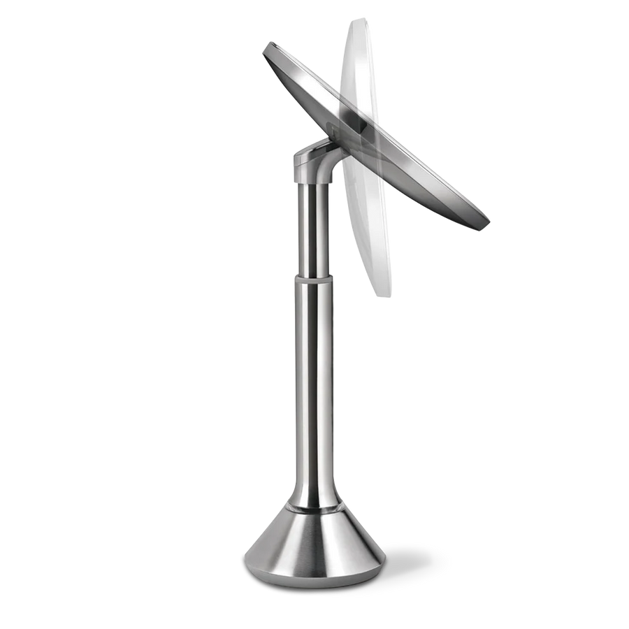 Simplehuman Sensor Mirror Round, Brushed Stainless Steel. Side view showing the adjustable pivot and tilt.