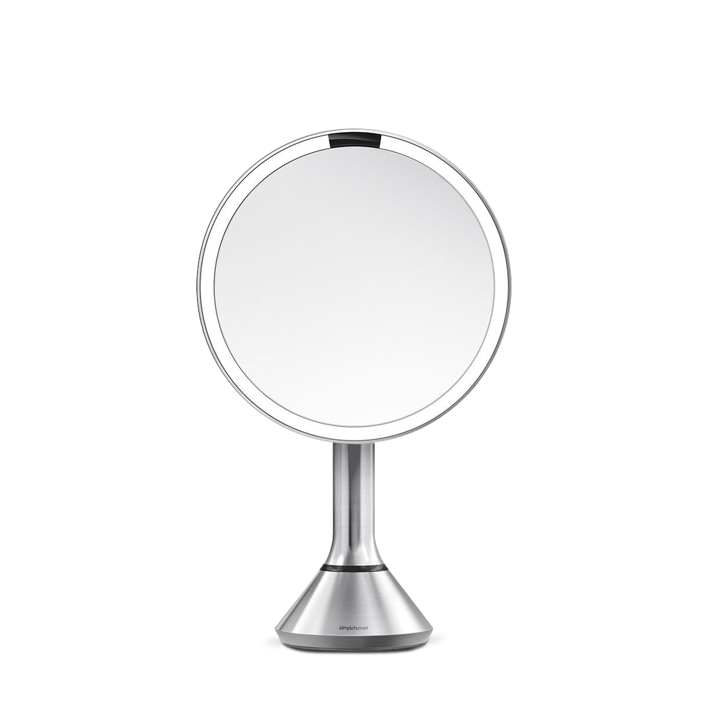 Simplehuman Sensor Mirror Round in Brushed Stainless Steel with touch-control brightness and dual light setting.
