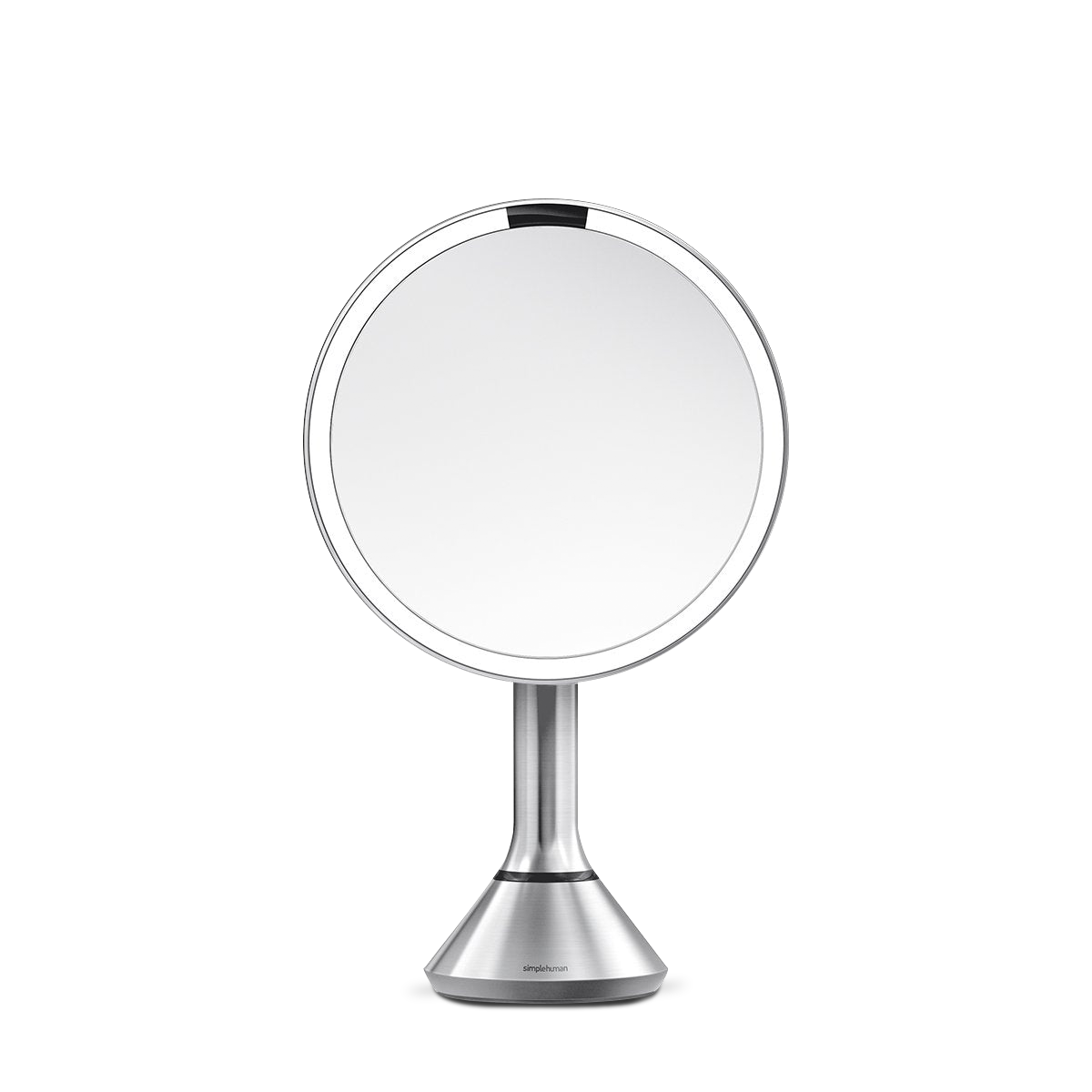 Simplehuman Sensor Mirror Round in Brushed Stainless Steel with touch-control brightness and dual light setting.