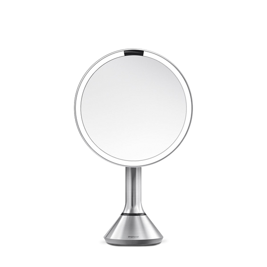 Simplehuman Sensor Mirror Round in Brushed Stainless Steel with touch-control brightness and dual light setting.