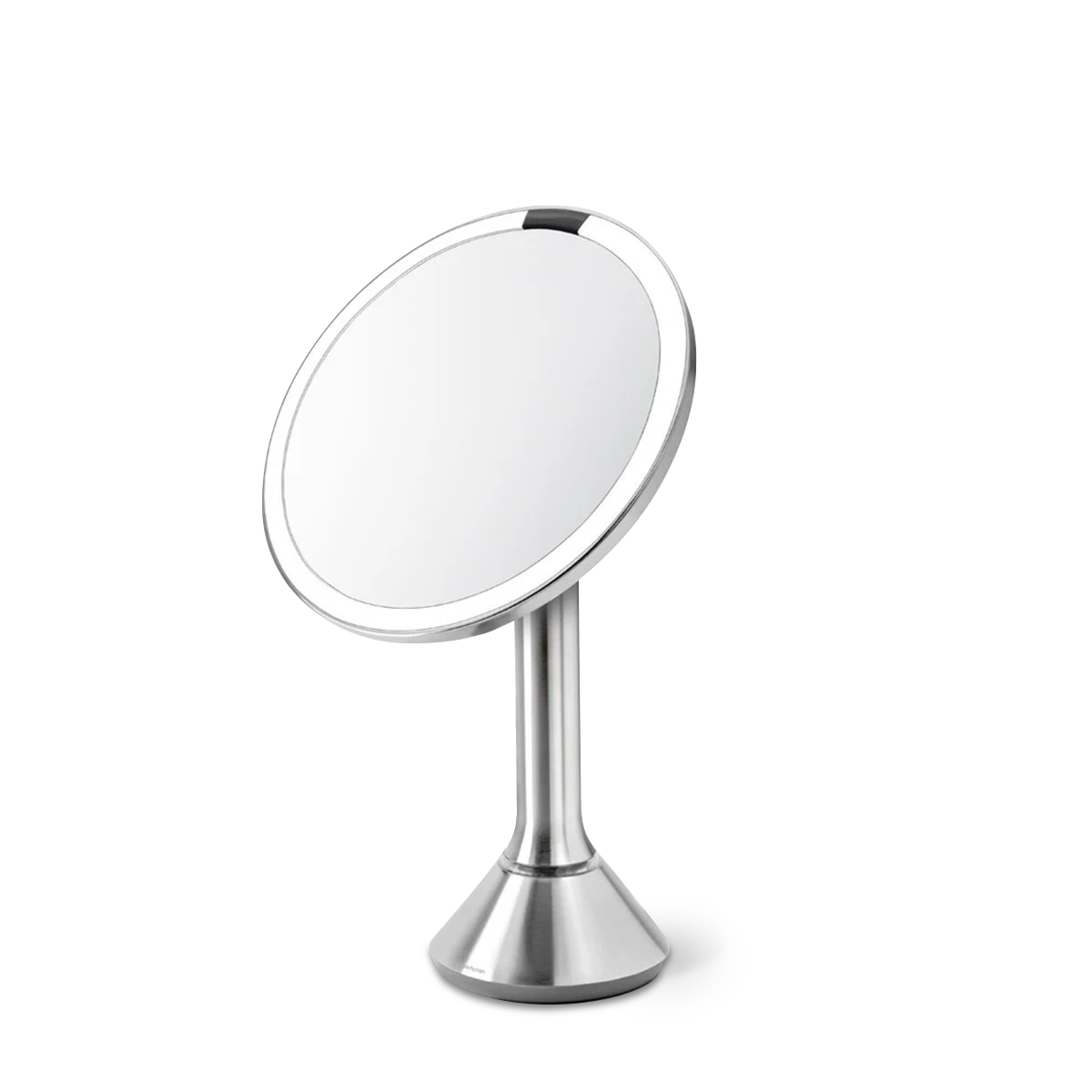 Angled view, Simplehuman Sensor Mirror Round in Brushed Stainless Steel with touch-control brightness and dual light system.