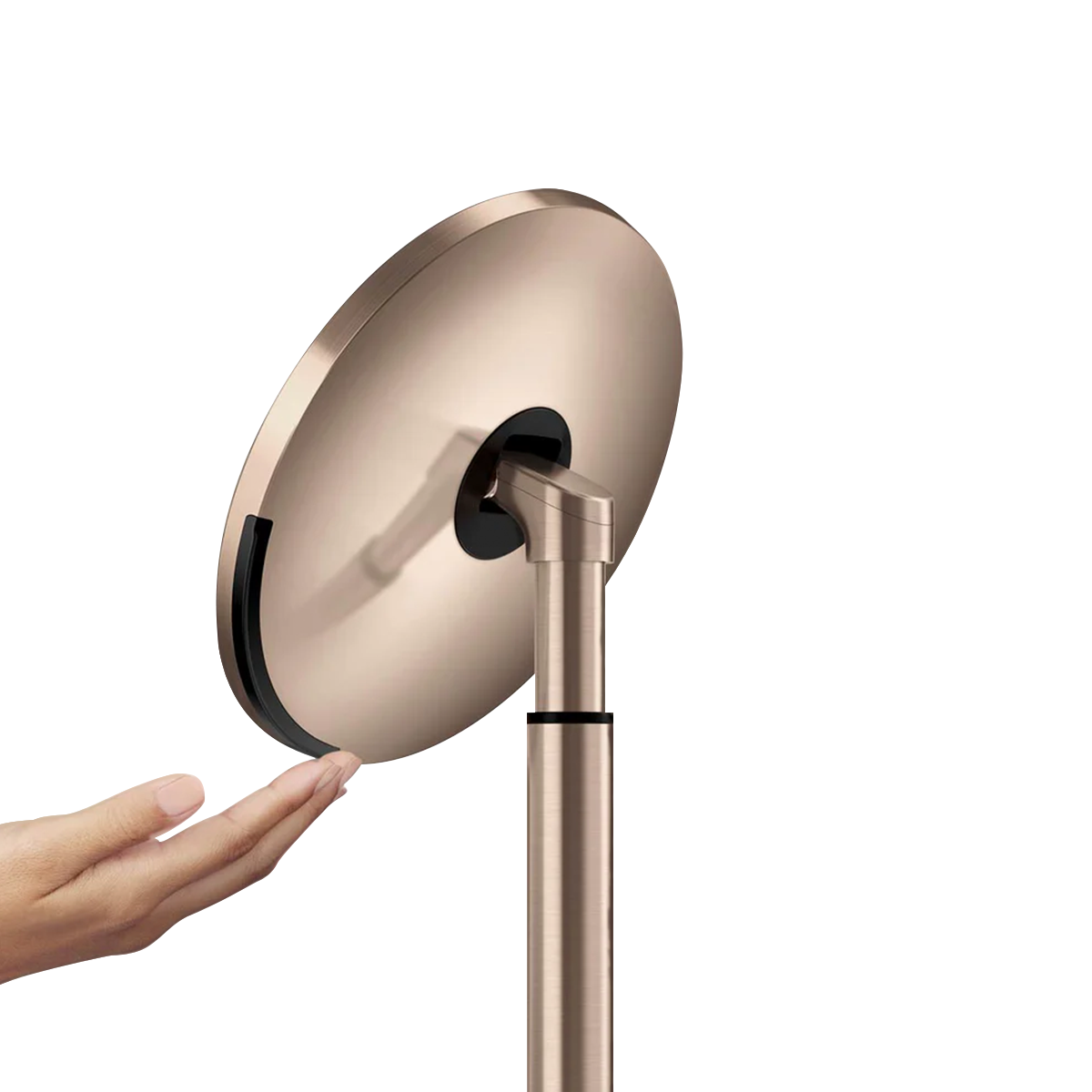 Side profile of Simplehuman Rose Gold Sensor Mirror Round showing adjustable tilt and hand gesture sensor.