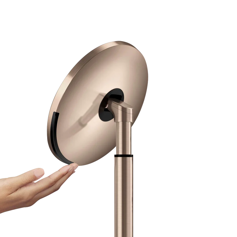 Side profile of Simplehuman Rose Gold Sensor Mirror Round showing adjustable tilt and hand gesture sensor.