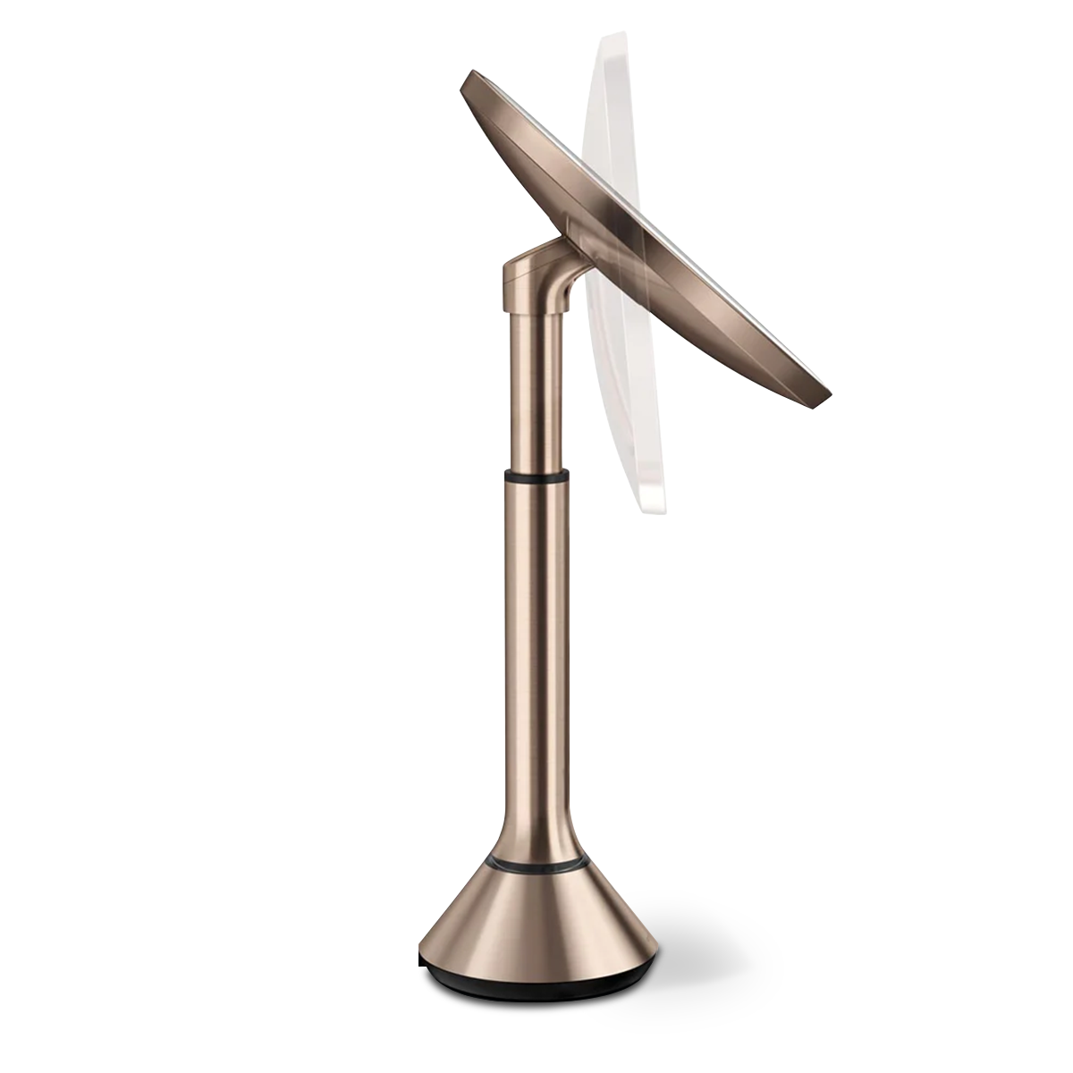 Side profile view of Simplehuman Rose Gold Sensor Mirror Round showing the adjustable stand and pivot mechanism.