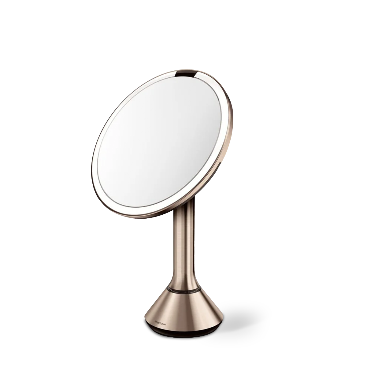 Angled view of Simplehuman Rose Gold Sensor Mirror Round with touch-control brightness and dual light setting.