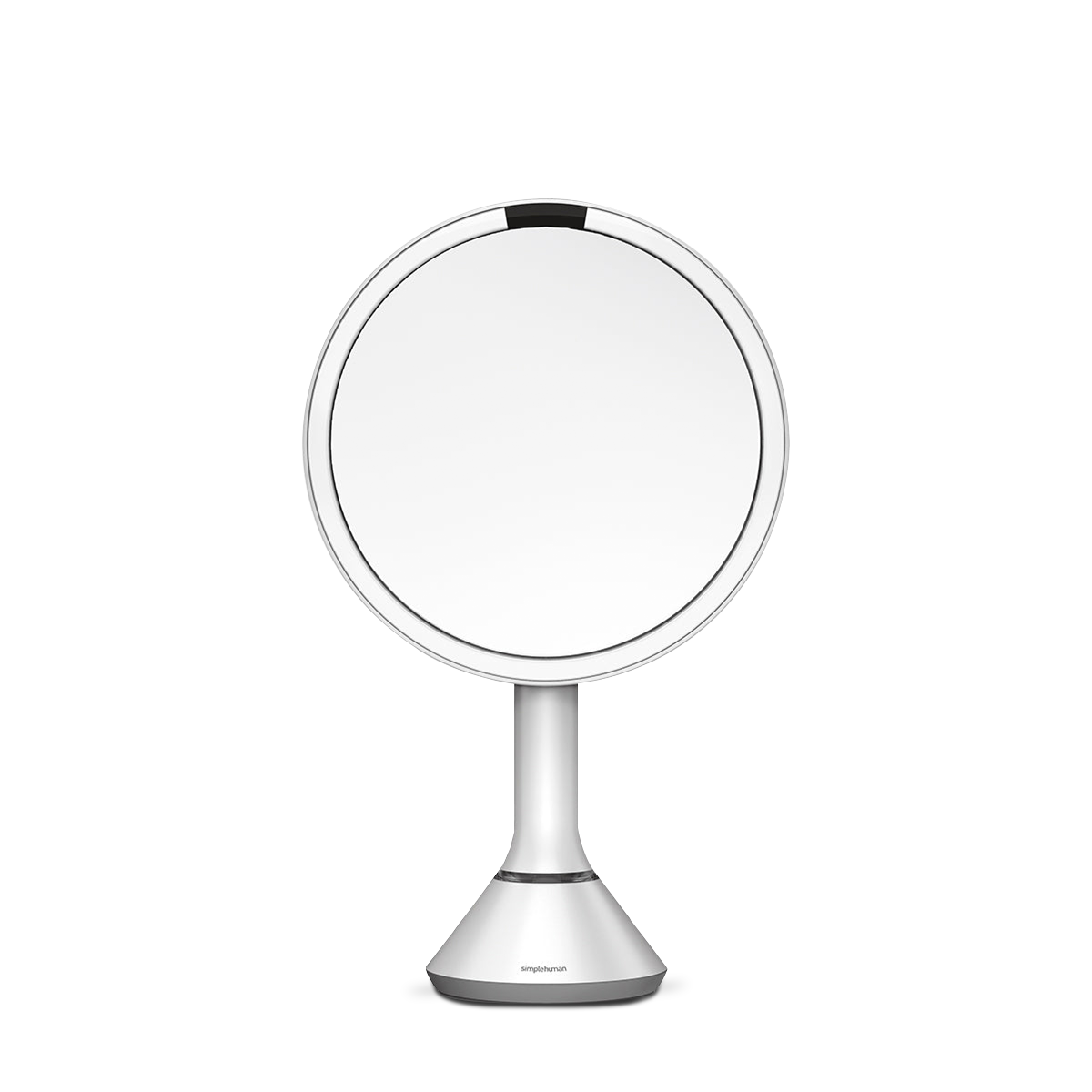 Front view of Simplehuman White Sensor Mirror Round with touch-control brightness and dual light settings.