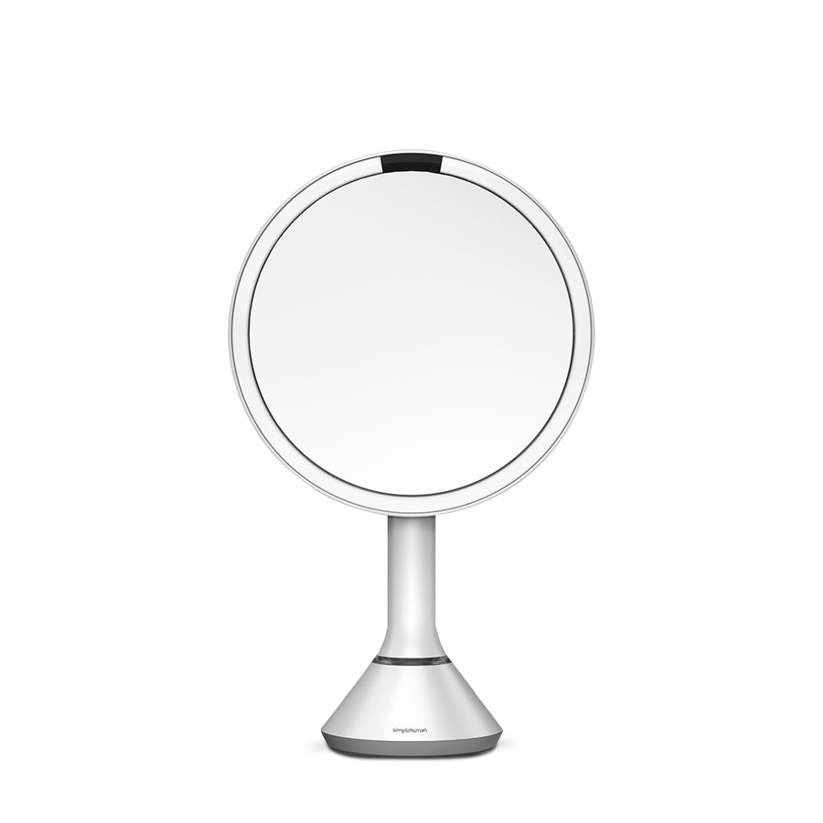 Front view of Simplehuman White Sensor Mirror Round with touch-control brightness and dual light settings.