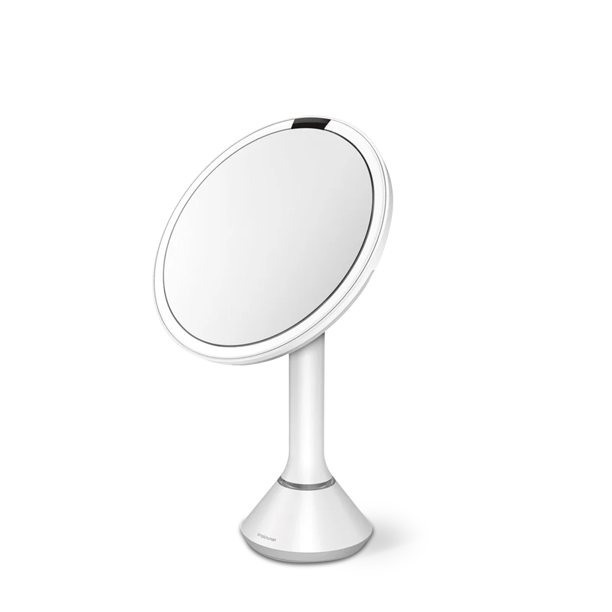 Simplehuman White Sensor Mirror Round. Angled side view showing adjustable tilt and dual light system.
