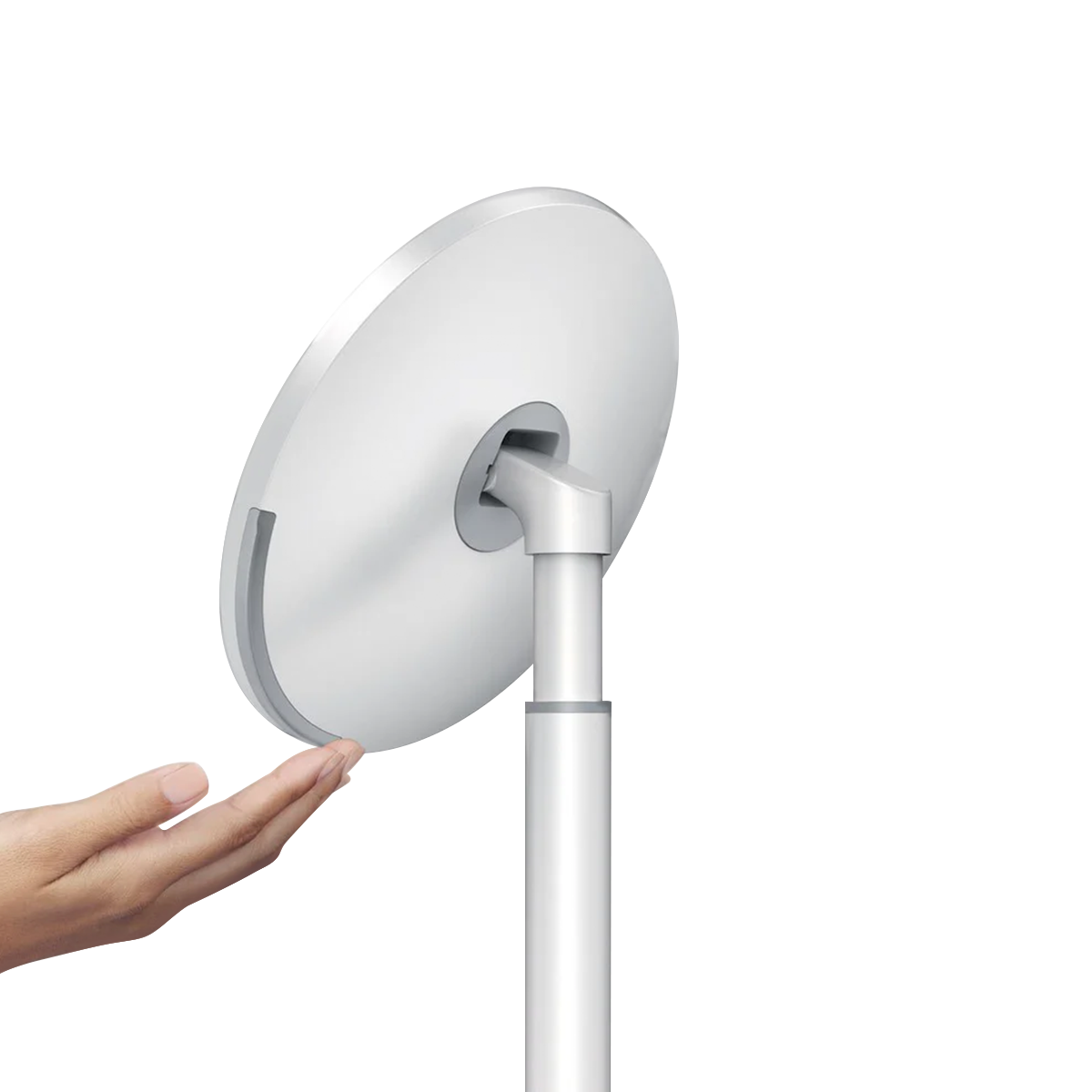 Side profile of Simplehuman White Sensor Mirror Round showing hand gesture sensor and adjustable stand.