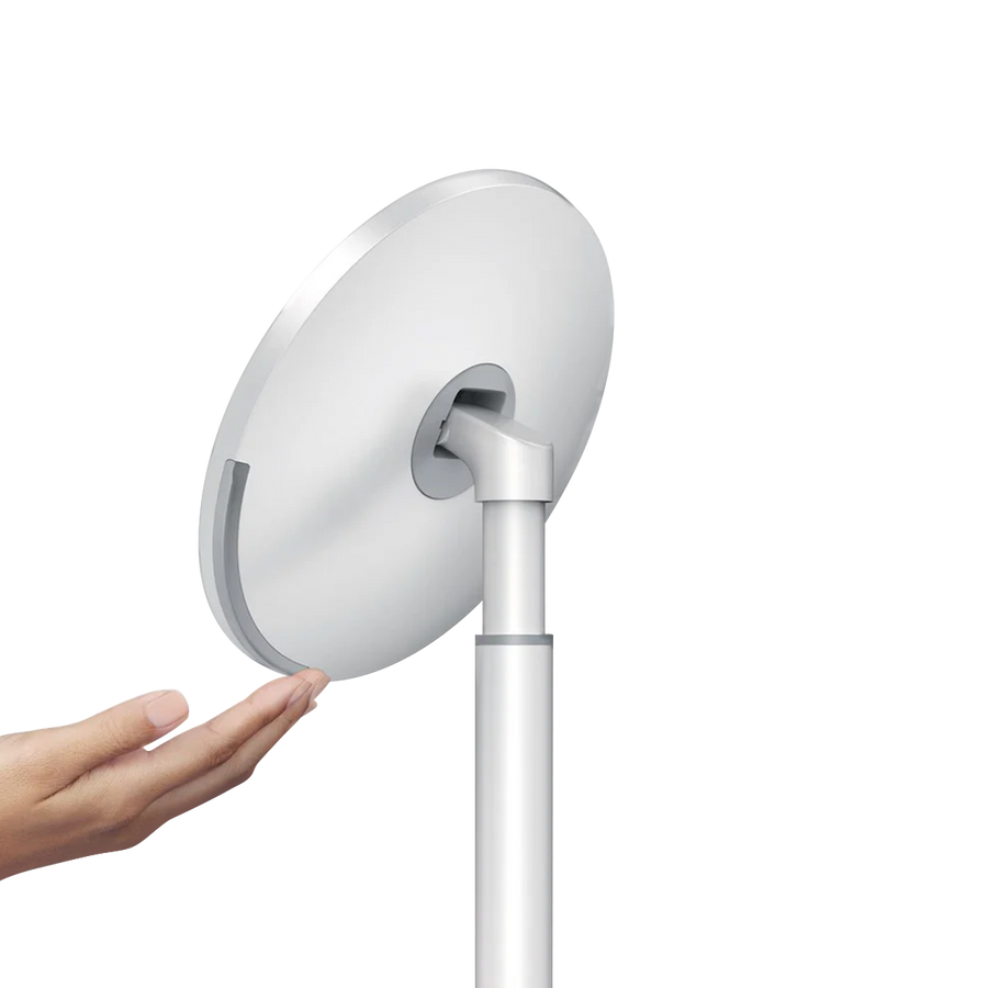 Side profile of Simplehuman White Sensor Mirror Round showing hand gesture sensor and adjustable stand.