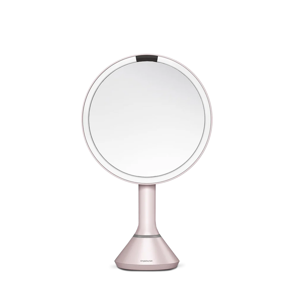 Front view, Simplehuman Rose Gold Sensor Mirror Round with touch-control brightness and dual light settings.