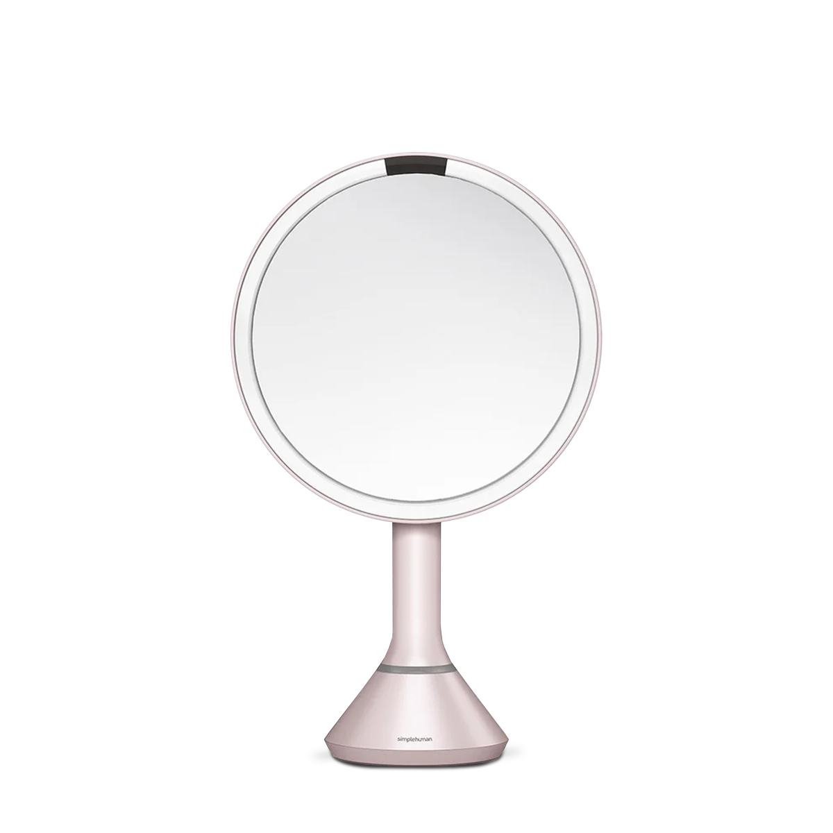 Front view, Simplehuman Rose Gold Sensor Mirror Round with touch-control brightness and dual light settings.