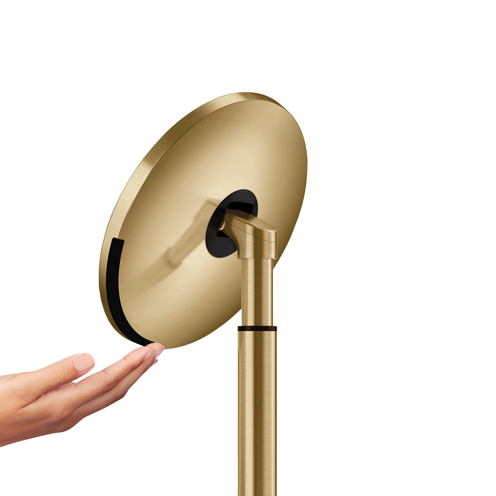 Detail view, Simplehuman Brushed Brass Sensor Mirror Round highlighting hand gesture sensor and adjustable stand.