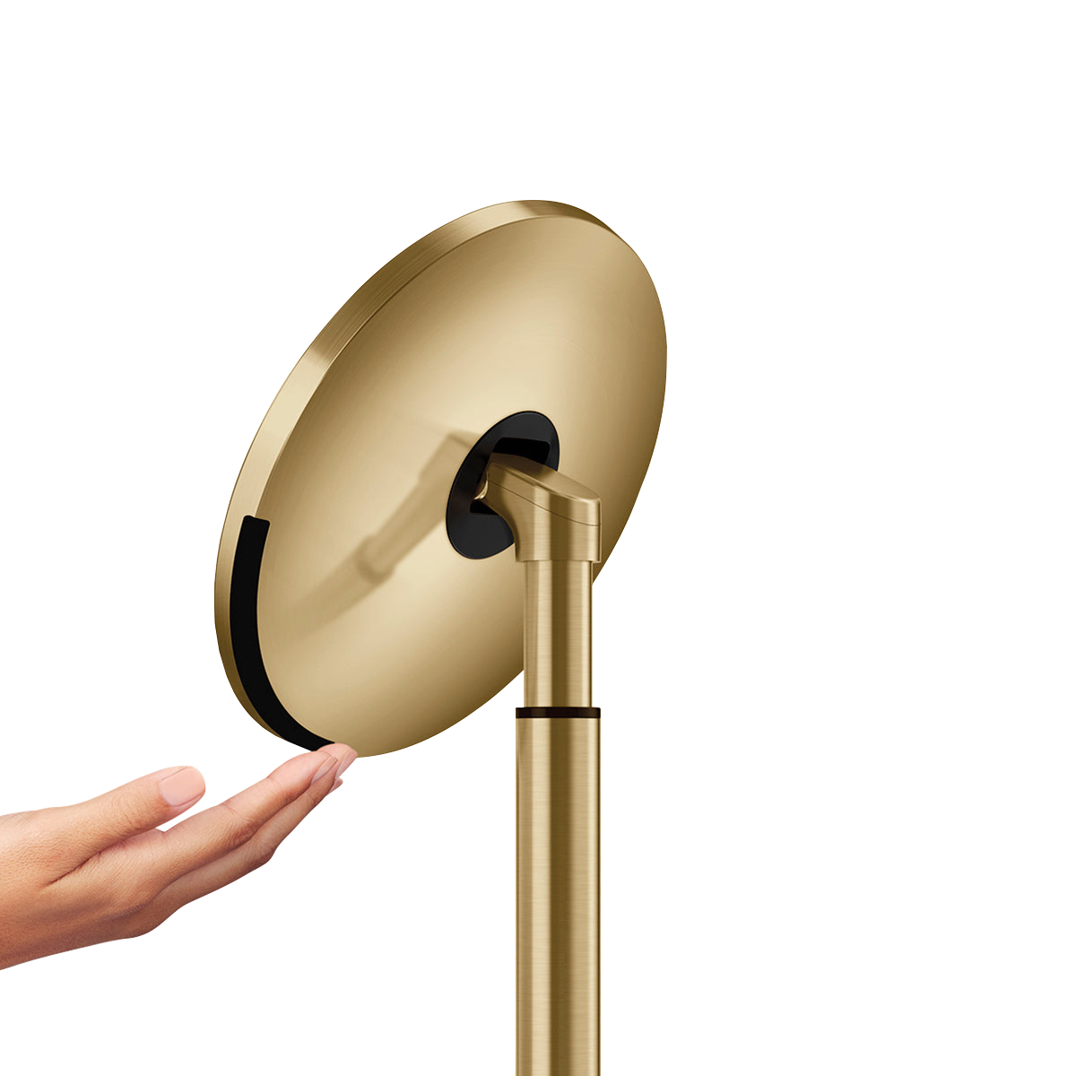 Detail view, Simplehuman Brushed Brass Sensor Mirror Round highlighting hand gesture sensor and adjustable stand.