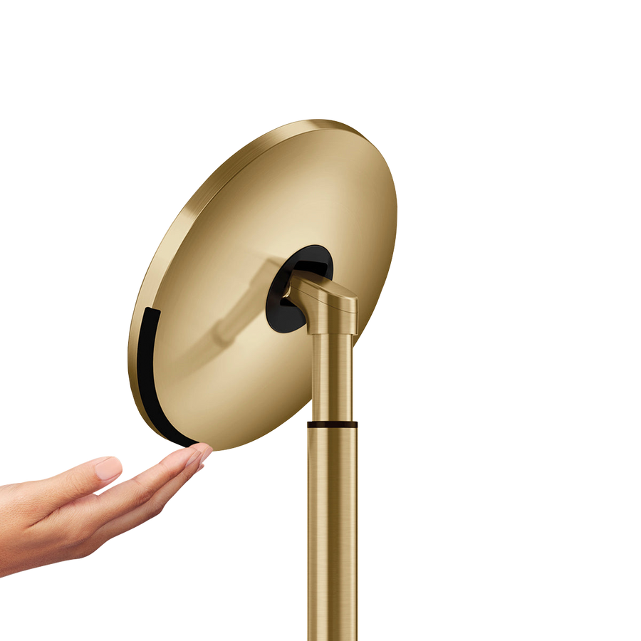 Detail view, Simplehuman Brushed Brass Sensor Mirror Round highlighting hand gesture sensor and adjustable stand.