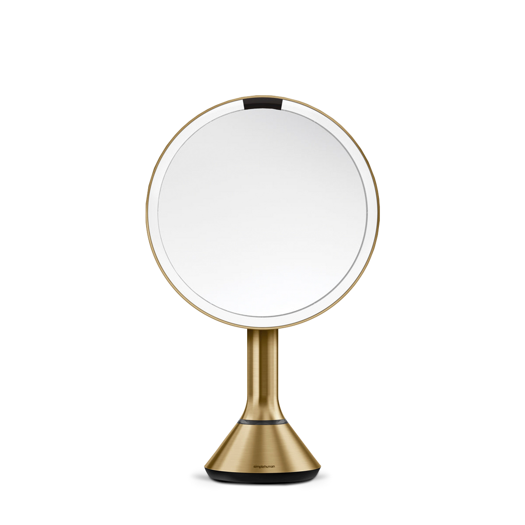 Front view, Simplehuman Brushed Brass Sensor Mirror Round with dual light settings and automatic sensor.