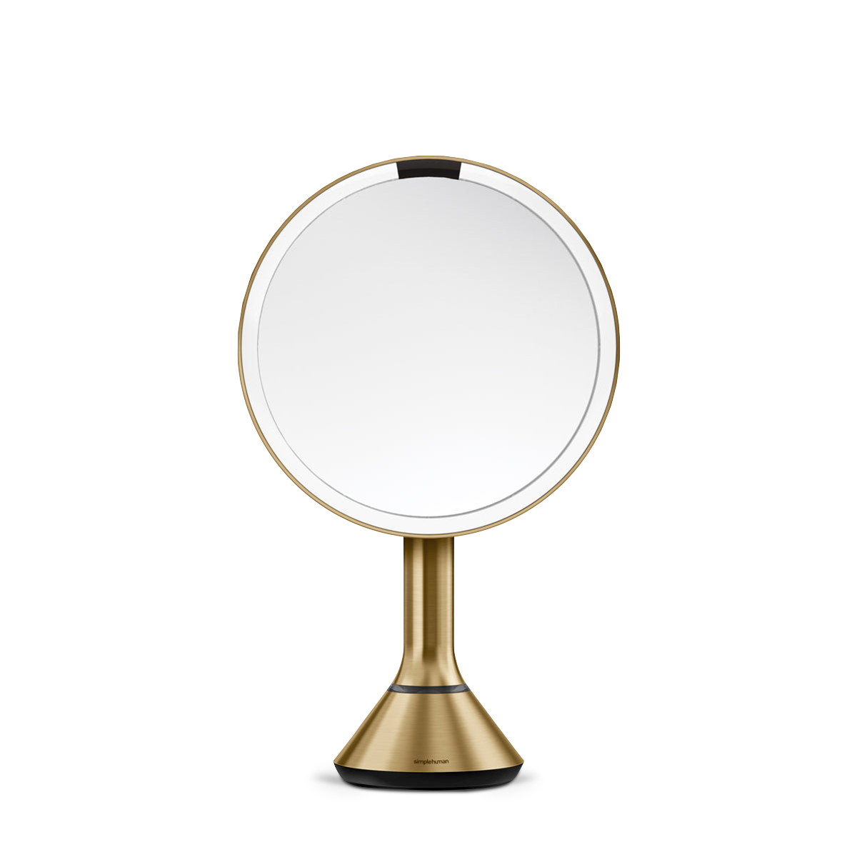 Front view, Simplehuman Brushed Brass Sensor Mirror Round with dual light settings and automatic sensor.