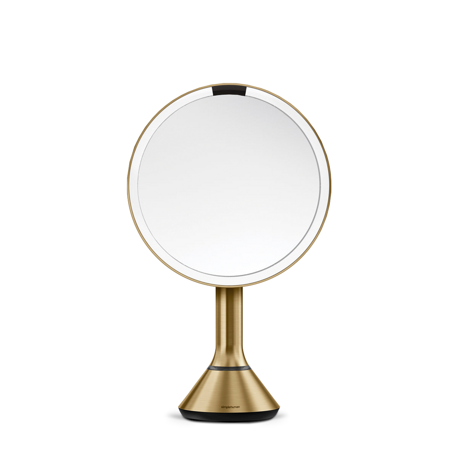Front view, Simplehuman Brushed Brass Sensor Mirror Round with dual light settings and automatic sensor.