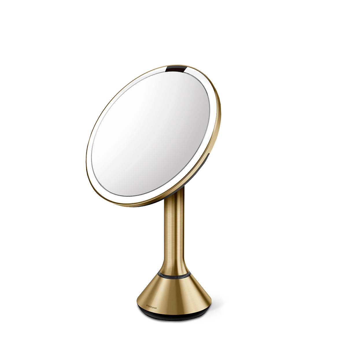 Angled view, Simplehuman Brushed Brass Sensor Mirror Round with dual light settings and adjustable pivot.